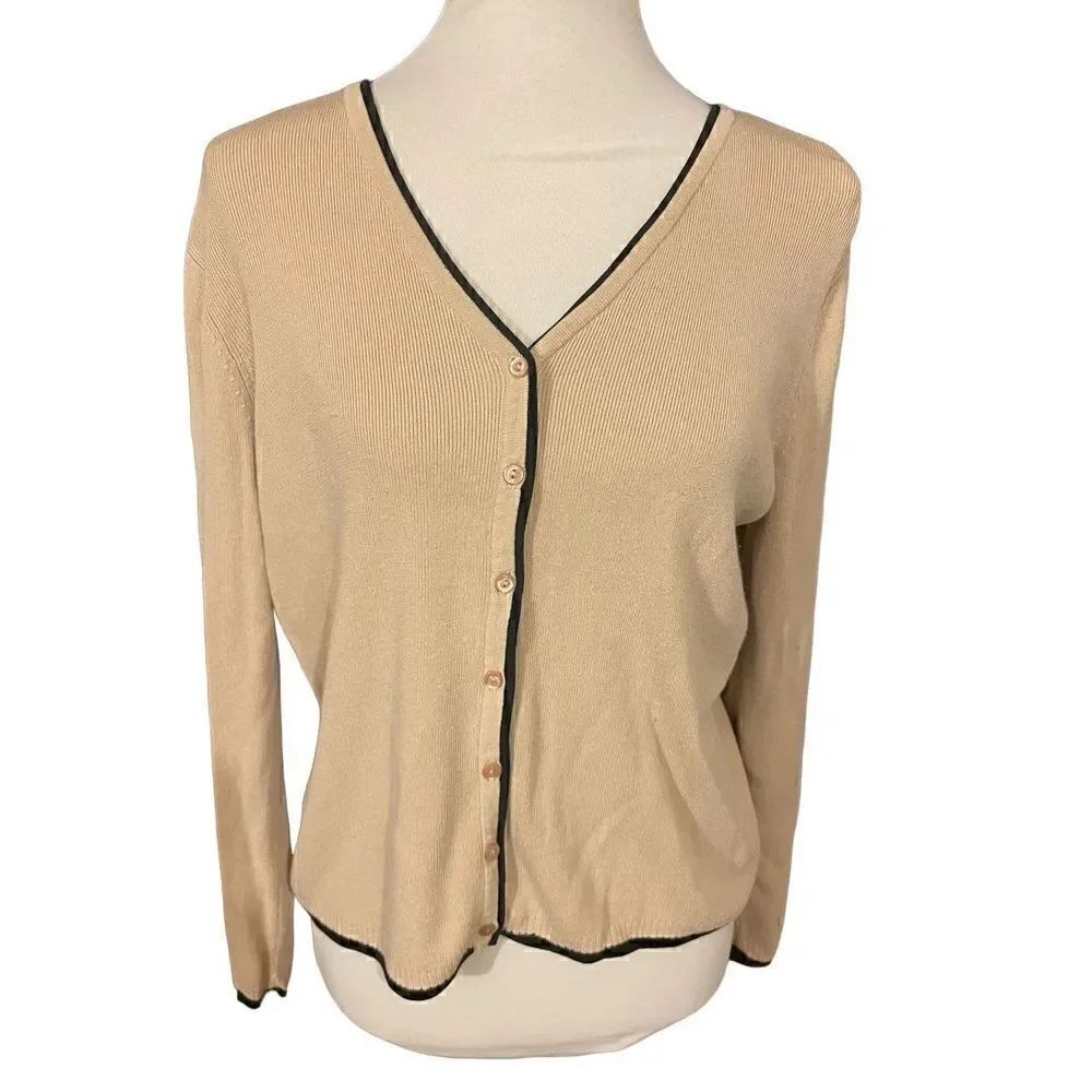 Emma James ( A Liz Claiborne Co) Cardigan Sweater Beige/Black Trim Long Sleeve M